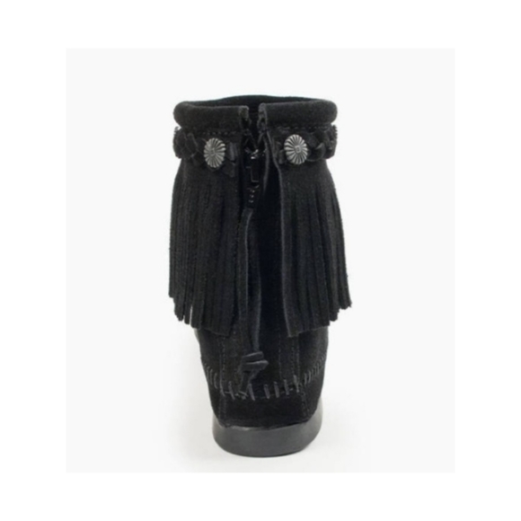 Minnetonka | High Top Back-Zip Black Fringe Moccasin Boots - Missing Insoles - Picture 4 of 16